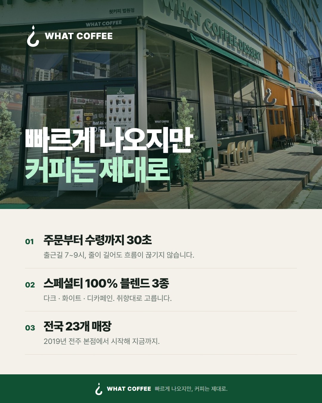 빠르게 나오지만 커피는 제대로 — 주문부터 수령까지 30초, 스페셜티 100% 블렌드 3종, 전국 23개 매장